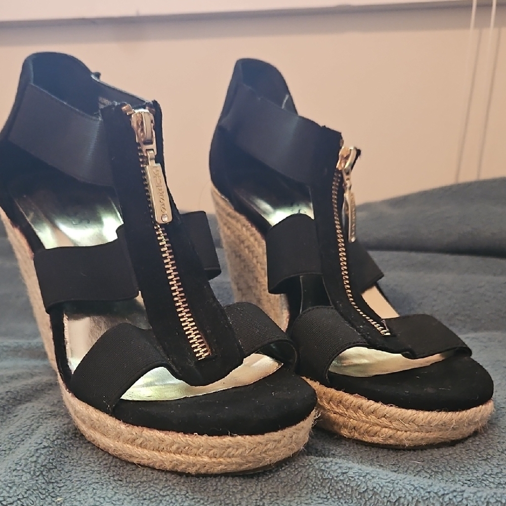 Black Wedge Sandals with Zipper Detail